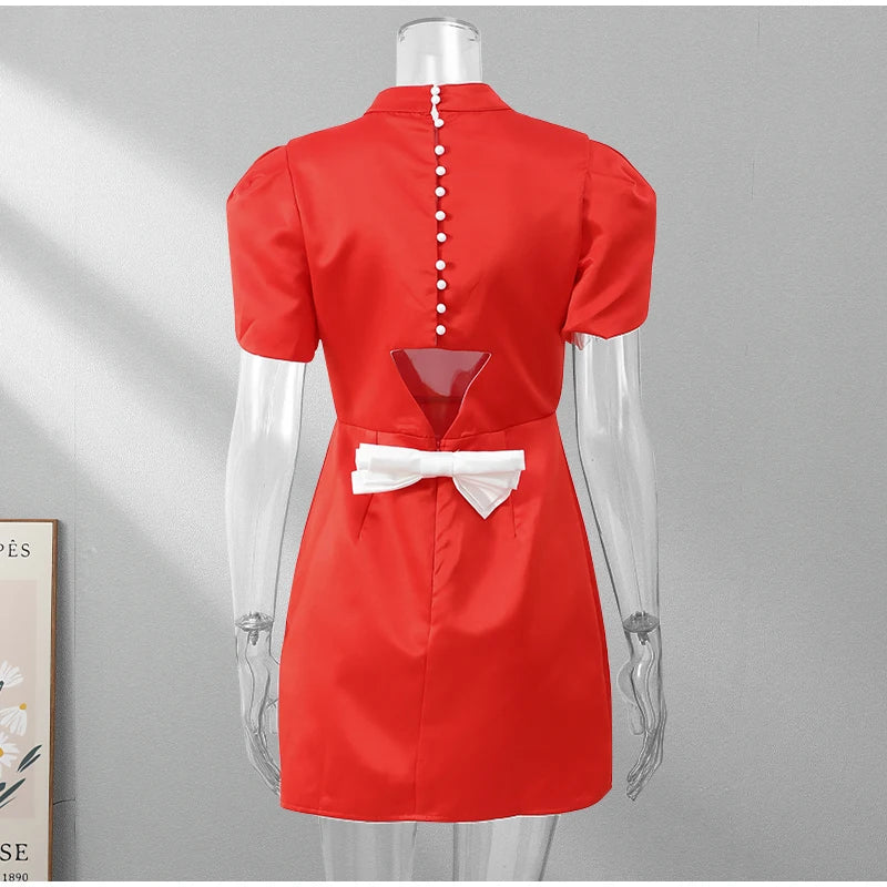 Women's Backless Bow Mini Dress™ Half High Collar Short Sleeve A Line Dress