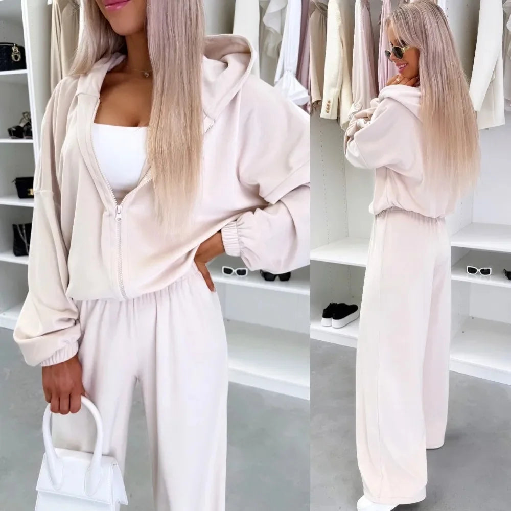 Women's  Casual Outfit™ Zipper Hooded Cardigan + Wide Leg Pants Two Piece Set