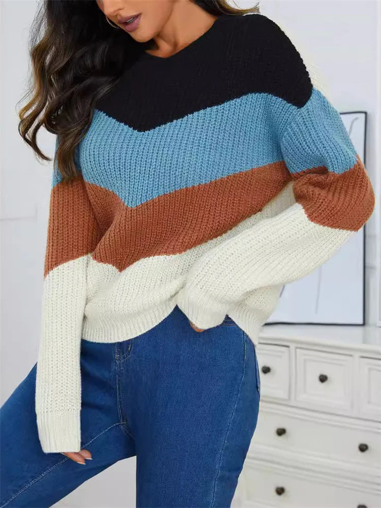 Women's O Neck Sweater™ Splicing Color Striped Long Sleeve Knitwear