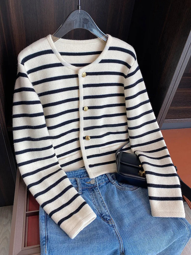 Women Stripe Knitted Cardigans Sweater™ O-neck Single Breasted Long Sleeve Sweaters