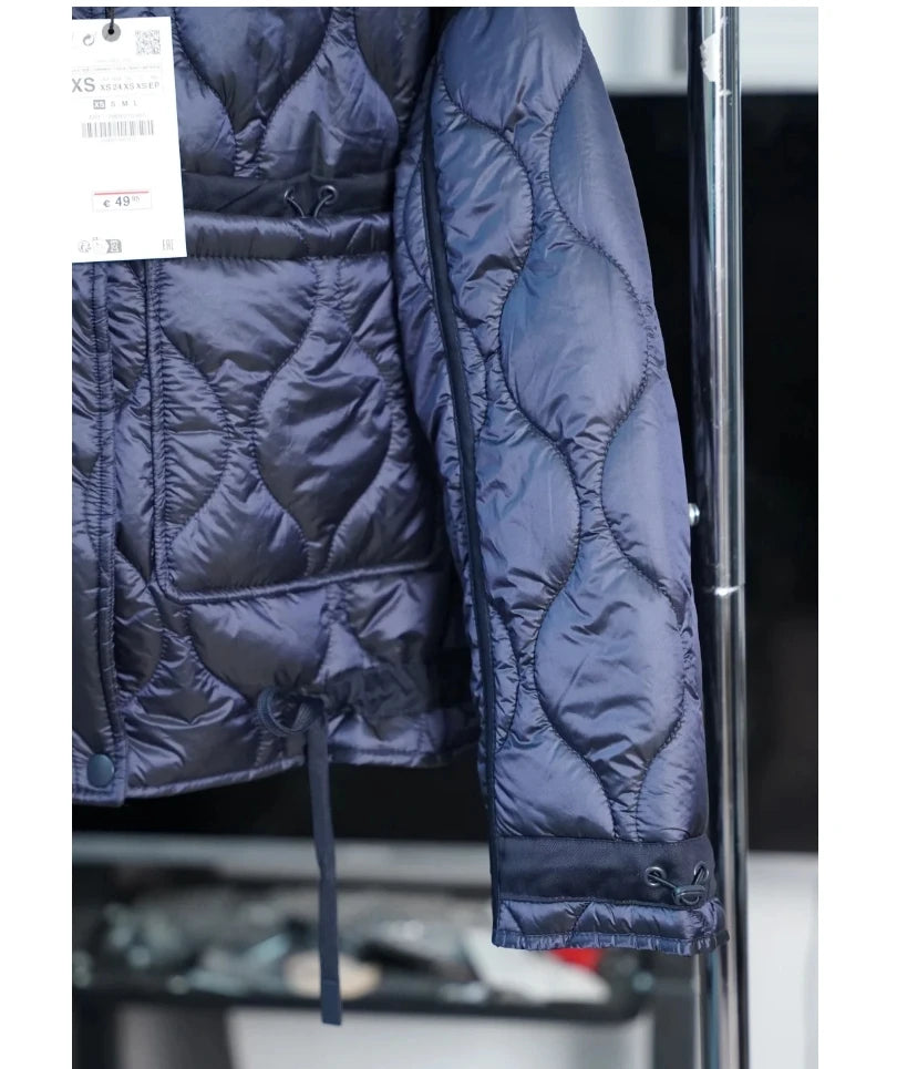 Women's Quilted Coat™ drawstring ties high neck pocket clip cotton jacket for women
