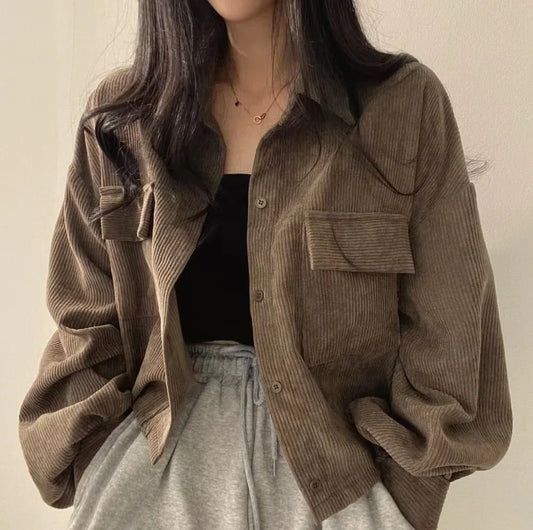 Women's Jacket™ Korean Vintage Simple Lapel Cropped Long Sleeve Shirt Top Corduroy Loose Fit Jacket