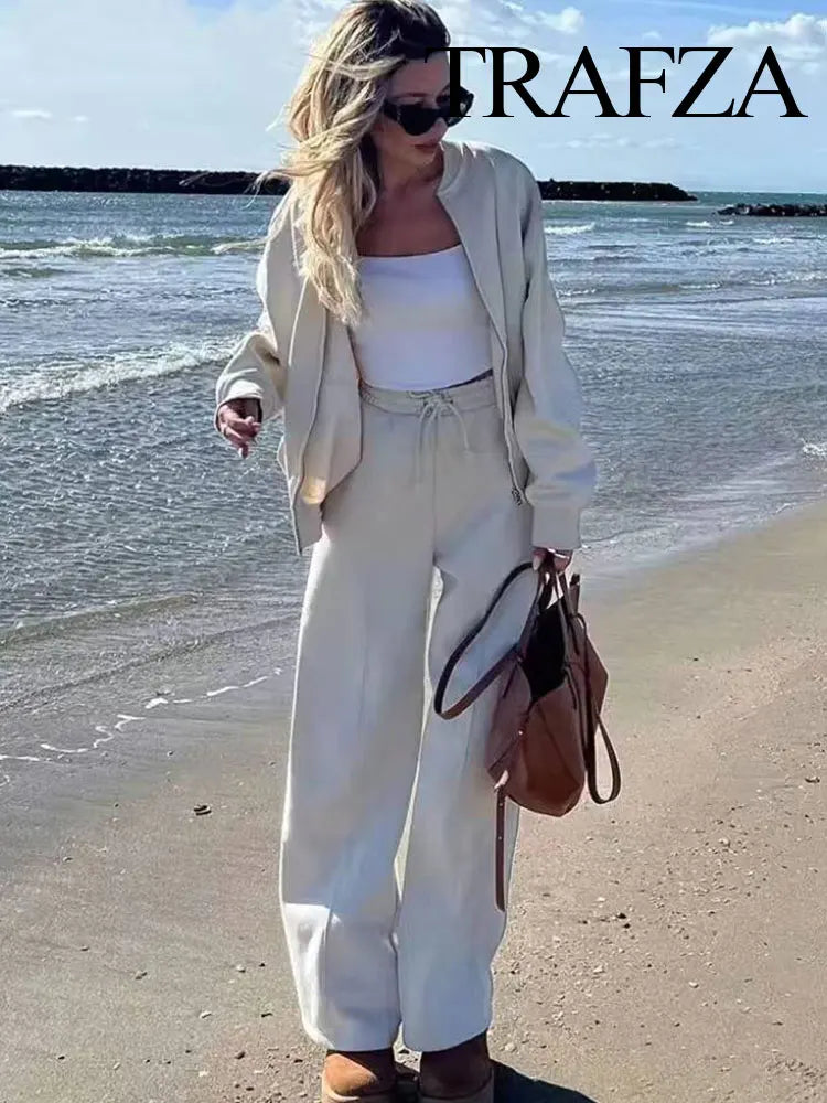 TRAFZA Women's Suits™ Retro Zip Bomber Jacket Sweatshirt and High Waist Lace Up Wide Leg Pants