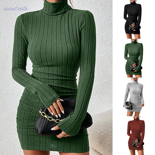 Women's Knitted Bottoming Dress™ Turtleneck Long Sleeves Mini Dresses