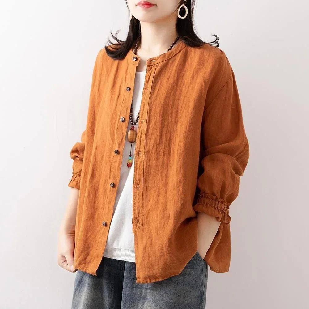 Women's Cotton Linen Shirts™ Loose Fit Round Neck Plus Lantern Sleeve Shirt