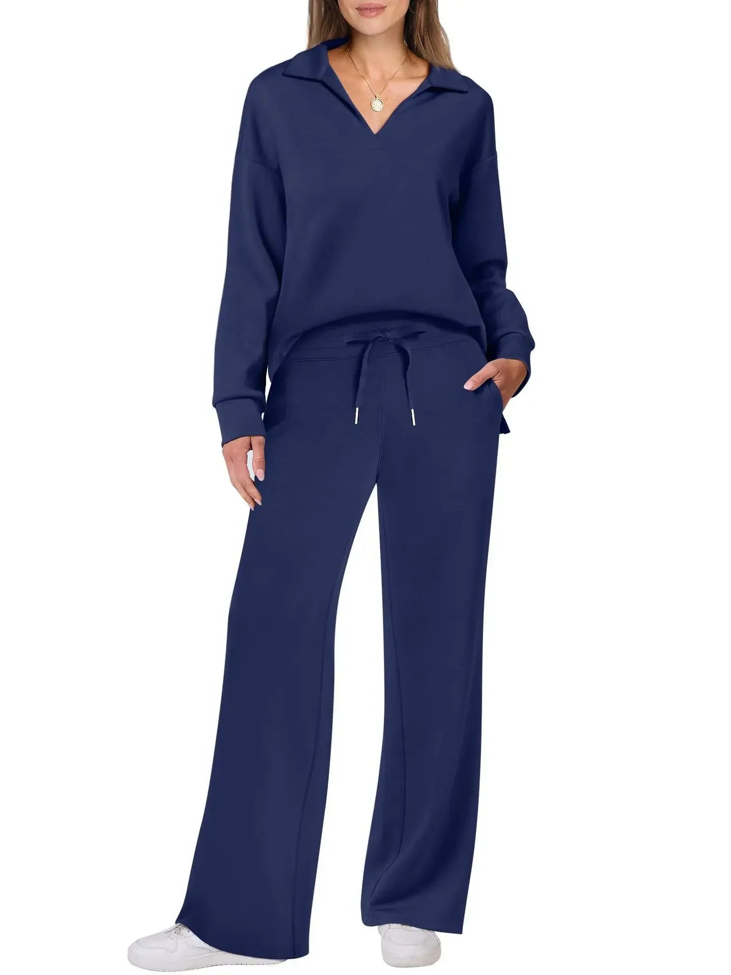 Women's 2 Piece Set™ Loose Long Sleeve V-Neck Top with Drawstring Elastic Waist Bell BottomsSet