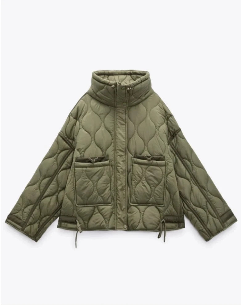 Women's Quilted Coat™ drawstring ties high neck pocket clip cotton jacket for women