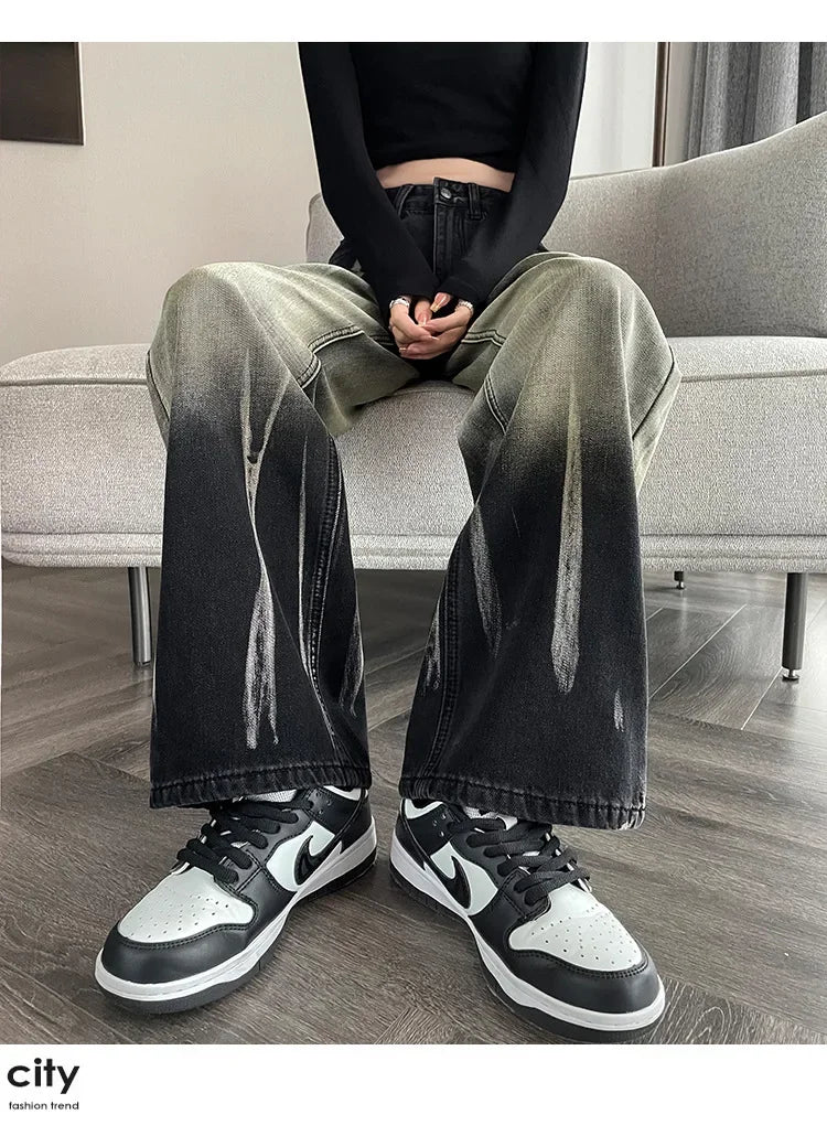 Women's High-waisted Black Grey Denim Pants™ Bell Bottoms Tie-dye Gradient Jeans