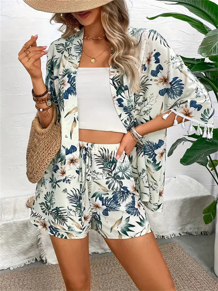 Women's Outfits™ Open-front Cardigan Smock Flower Printed Beach Shorts Summer Suits