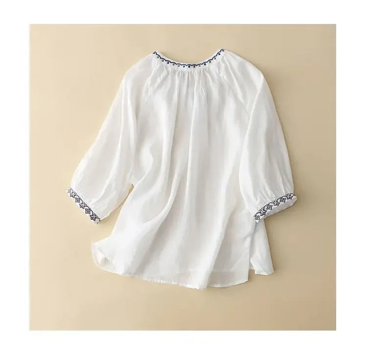 Women's Soft Cotton T-shirt™ V-neck 3/4 Sleeve Neckline Drawstring Summer Top