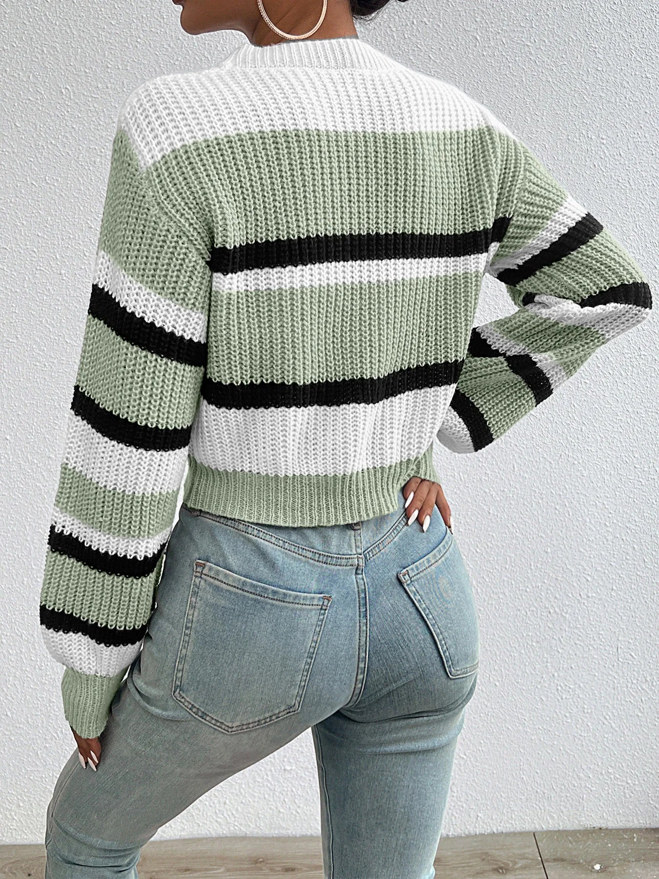 Women's loose drop shoulder round neck sweater™ color knitted long sleeve sweater
