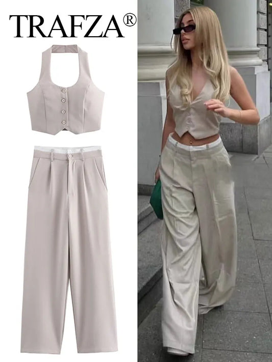 Women's TRAFZA Suit™ Single Breasted Halter Cropped Top and High Waist Patchwork Trouser Sets