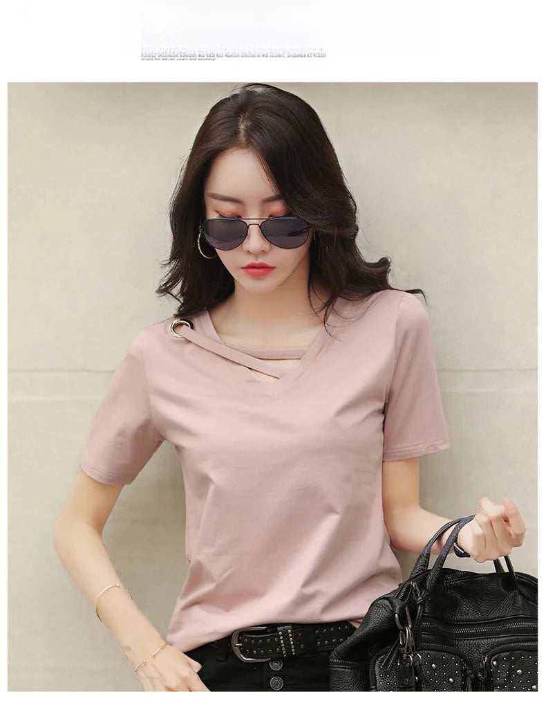 Women Short Sleeve Heart-neck T-shirt™ Half-sleeve Loose Tops