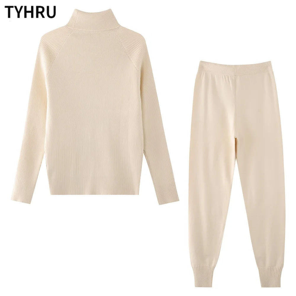 Women's tracksuit™ TYHRU Autumn Winter Knitted Striped Turtleneck Sweater and Elastic Trousers Set