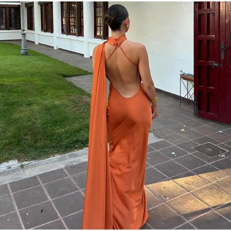 Women's Solid Ribbon Halter Dress™ Off Shoulder Sleeveless Backless Slim Maxi Dresses