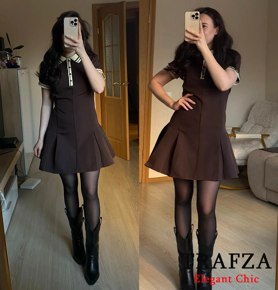TRAFZA-Women's Burgundy Dress™ Contrasting Ribbed Lapel Buttons Classic Campus Dress