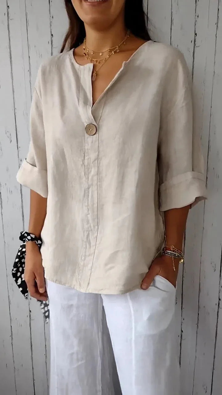 Women's Summer loose T-shirt™ V-neck cotton and linen button tops