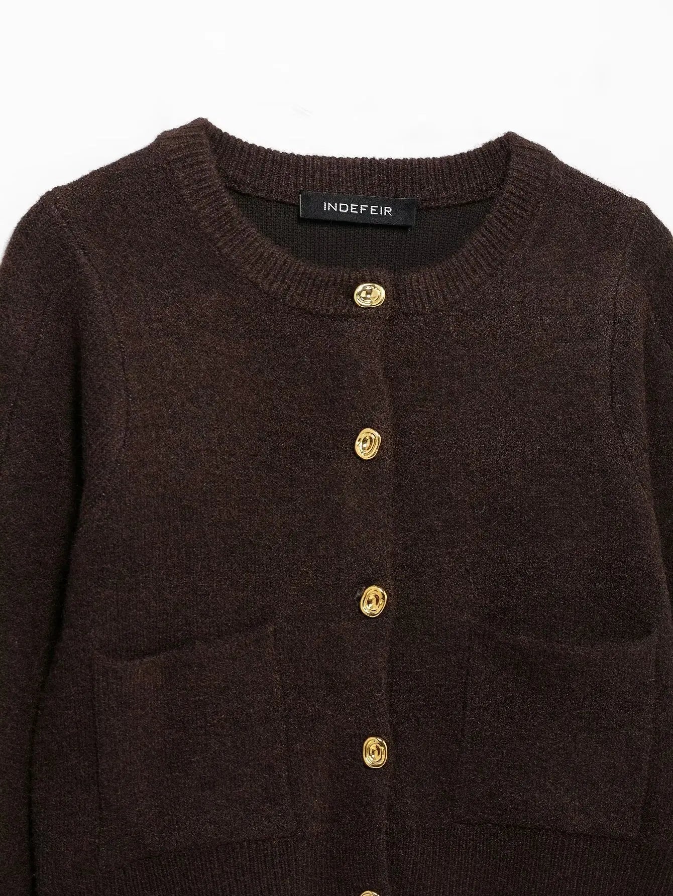 TRAFZA Women's Knitted Brown Suit™ Buttons Pocket Cardigan Sweater and  Elastic Waist Slim Mini Skirt