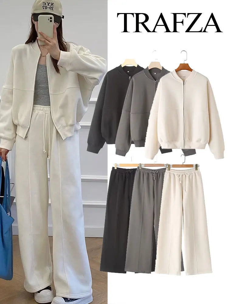 TRAFZA Women's Suits™ Retro Zip Bomber Jacket Sweatshirt and High Waist Lace Up Wide Leg Pants