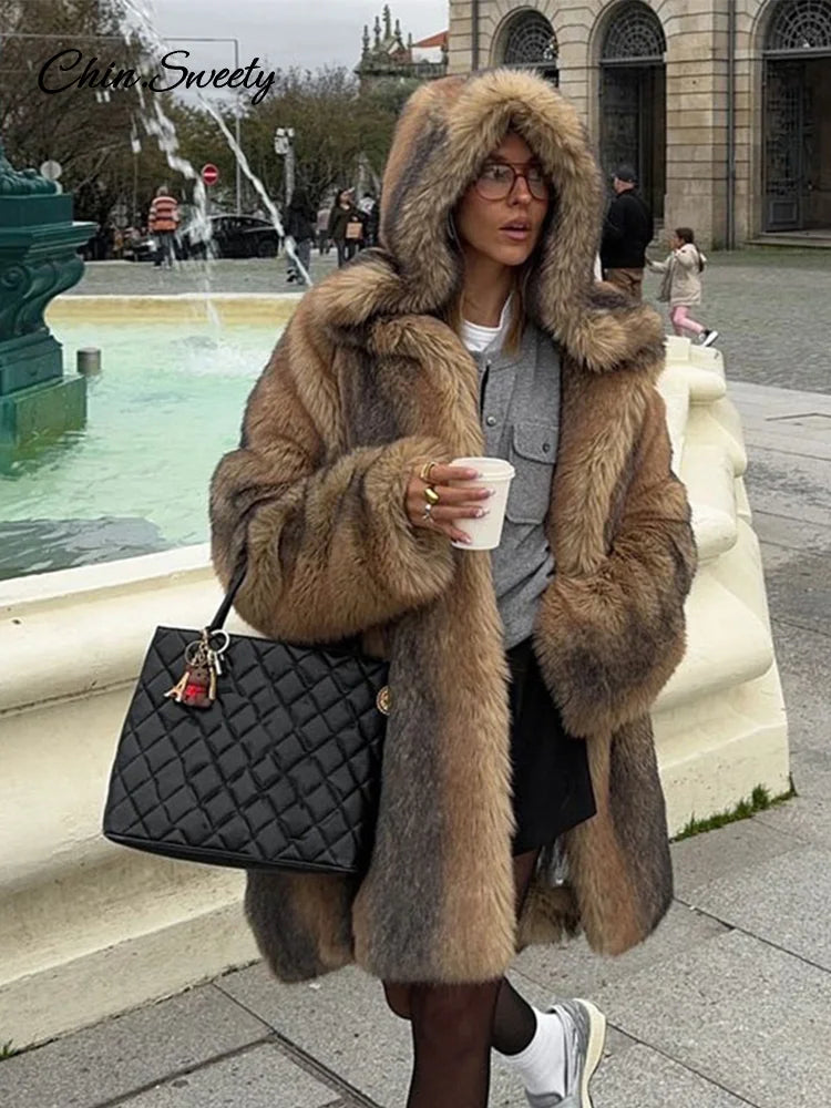 Women's Brown Faux Fur Hooded Coat™  Women Fluffy Loose Long Sleeve Furry Thick Warm Jacket