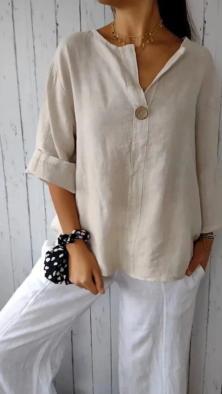 Women's Summer loose T-shirt™ V-neck cotton and linen button tops