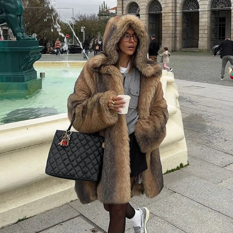 Women's Brown Faux Fur Hooded Coat™  Women Fluffy Loose Long Sleeve Furry Thick Warm Jacket