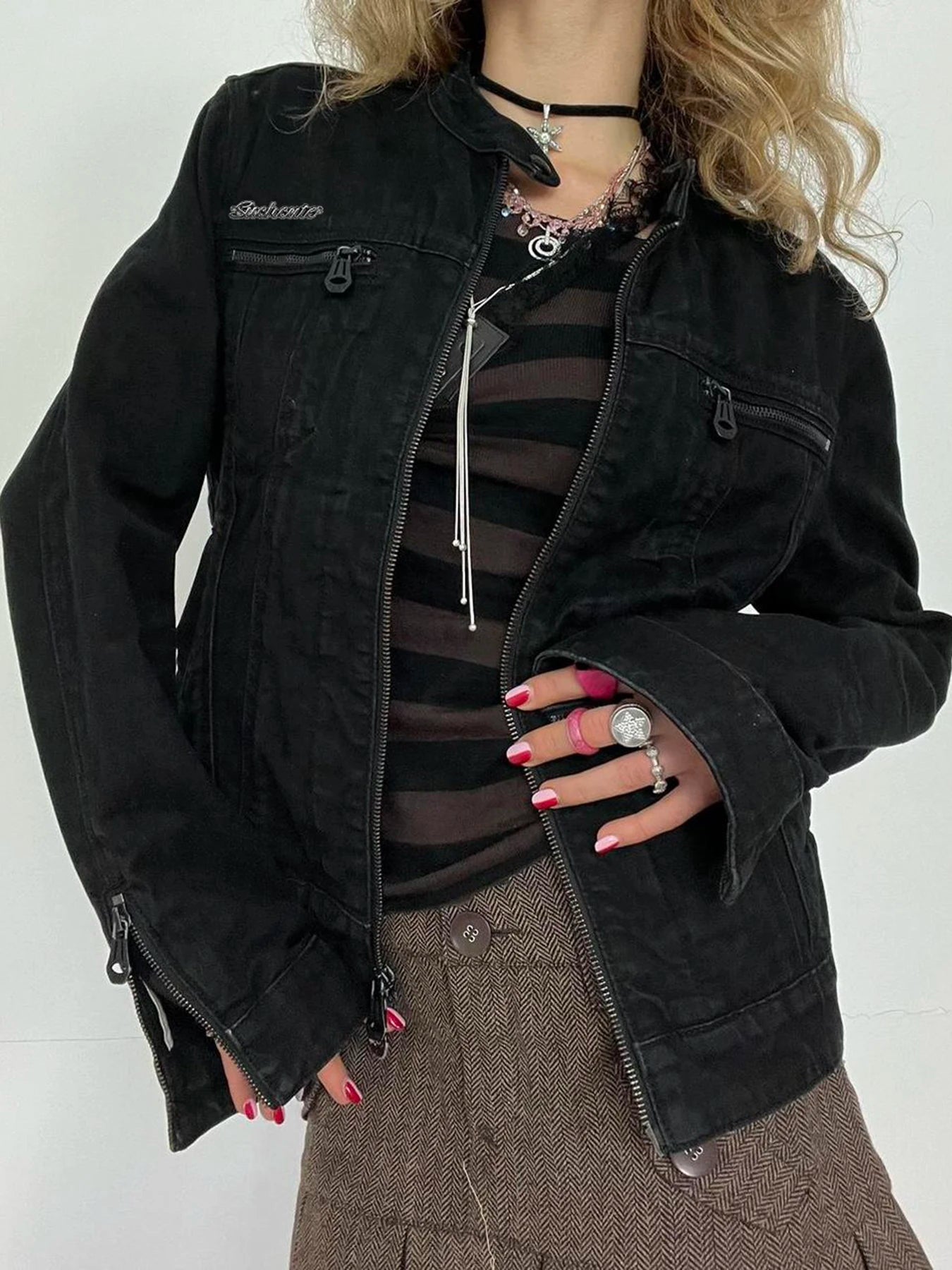 Rockmore Women's Double Zipper Denim Jackets™ Harajuku Cargo Style Casual Vintage Long Sleeve Jacket