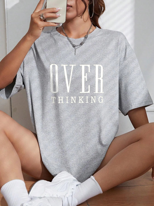 Over Thinking Letter Print Women's Cotton Short Sleeve Vintage T-shirt™ Breathable O-Neck T-Shirts
