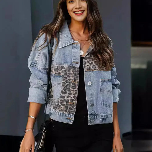 Women's Amazon Denim Jacket™ Long Sleeve Leopard Printed Jacket