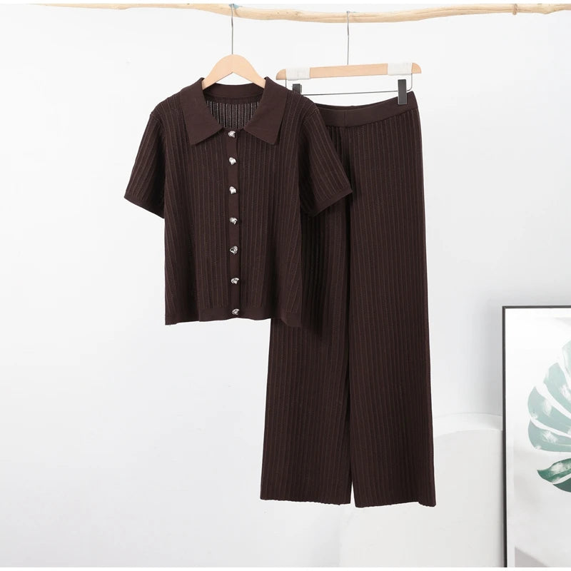 Women's Knitted Pants & Tops Set™ Turn Down Collar Half Sleeve Tops & Elastic Waist Straight Trousers Outfits