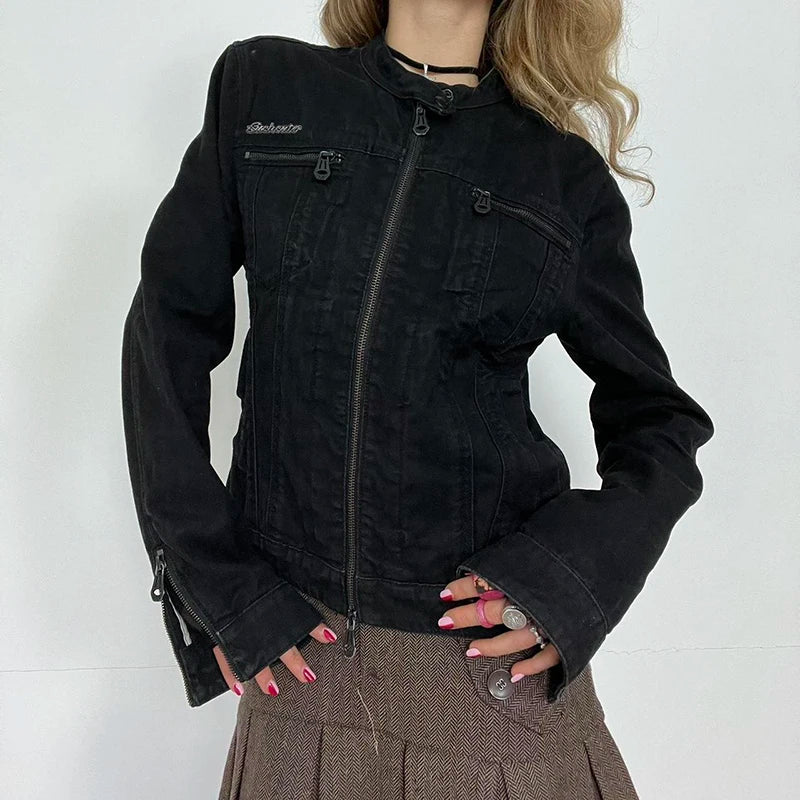 Rockmore Women's Double Zipper Denim Jackets™ Harajuku Cargo Style Casual Vintage Long Sleeve Jacket
