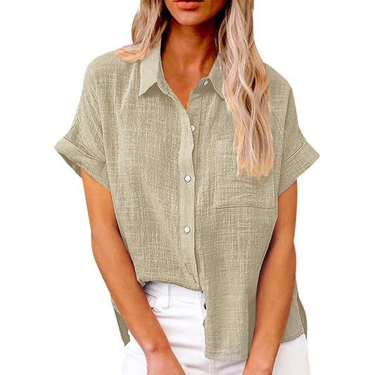 Women's  Cotton Linen Classic Shirts™ Short Sleeve Lapel Button Down Shirt