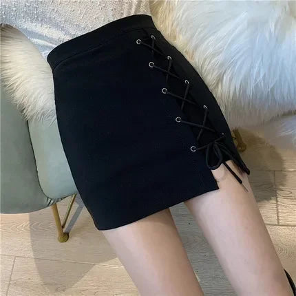 Women's Shorts Skirts™ High-waisted Slimming A- line Black Cross-body Tied Irregular Short Skirt