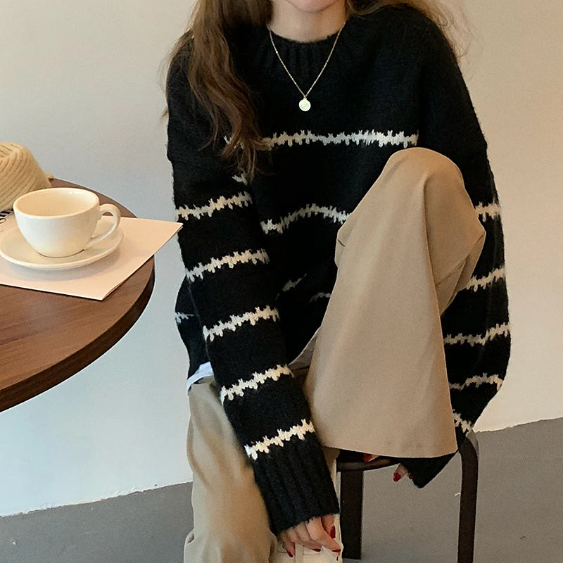 Women's Casual Pullovers™ Knitted Korean Loose Striped O-neck Long Sleeve Sweater