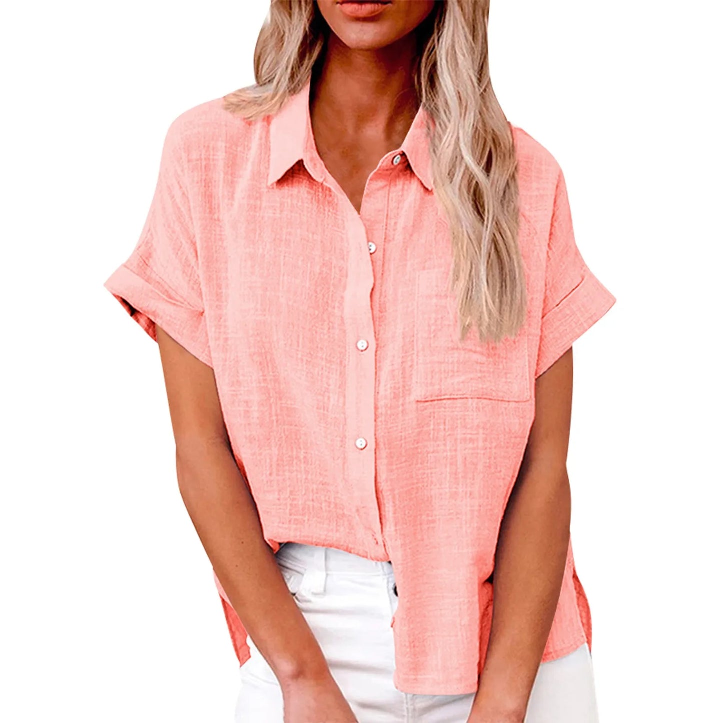 Women's  Cotton Linen Classic Shirts™ Short Sleeve Lapel Button Down Shirt