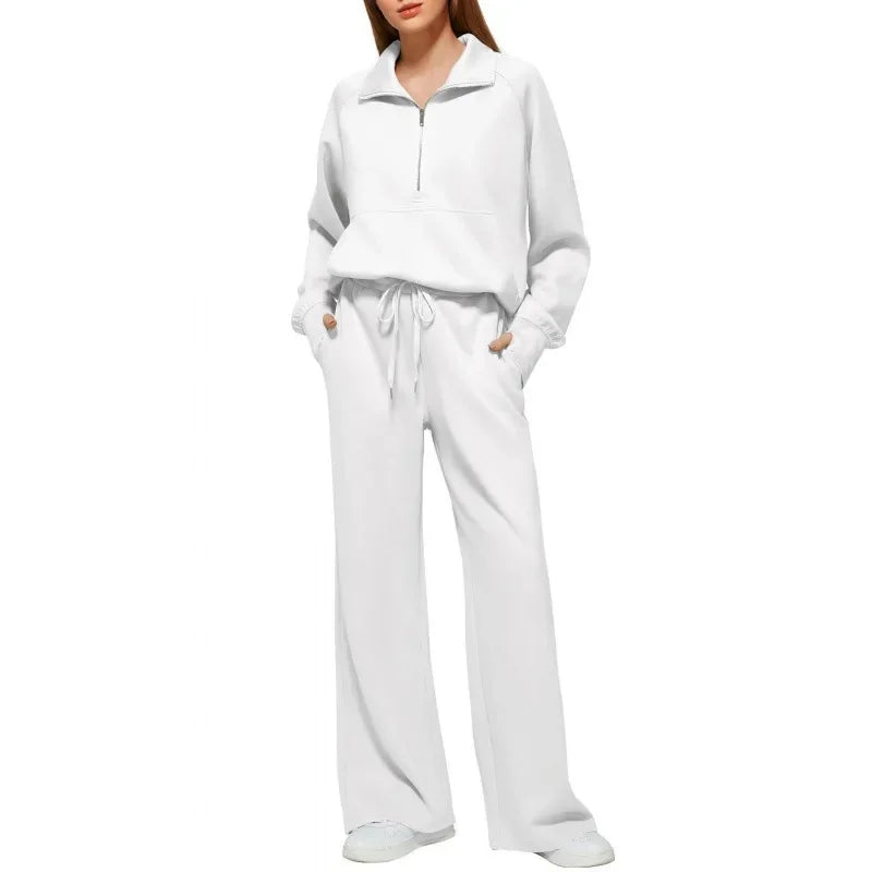 Women's European Style 2-Piece Set™ Zip Up Polo Shirt Wide Leg Sweatpants Casual Suit