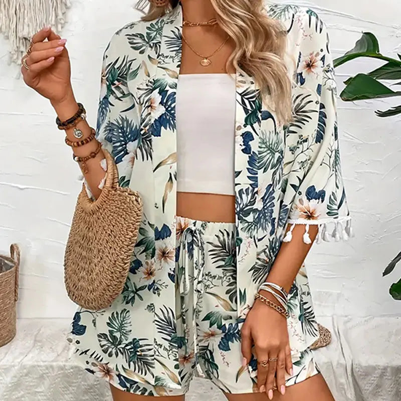 Women's Outfits™ Open-front Cardigan Smock Flower Printed Beach Shorts Summer Suits