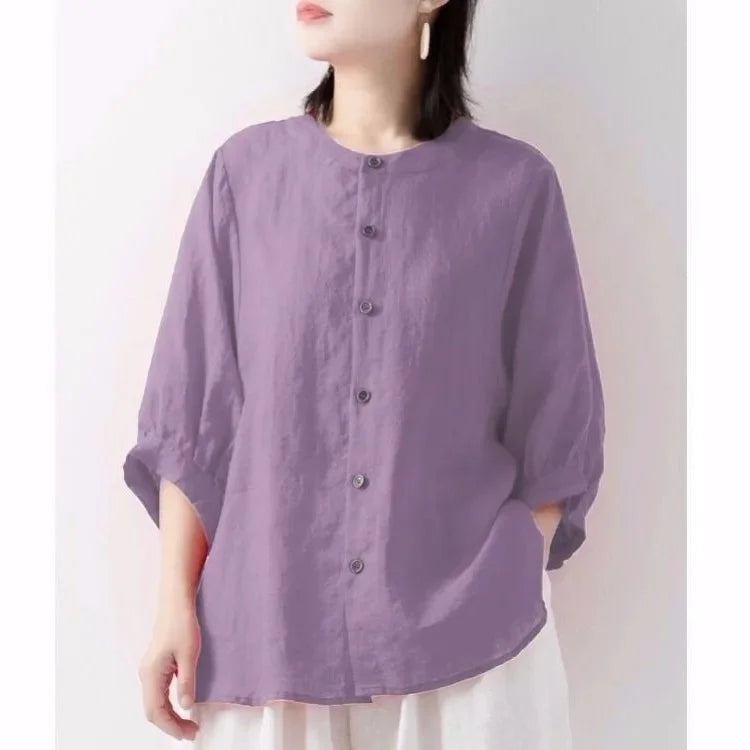 Women's Cotton Linen Shirts™ Loose Fit Round Neck Plus Lantern Sleeve Shirt