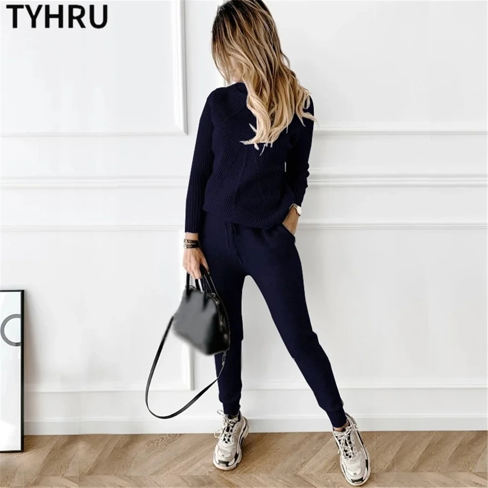 Women's tracksuit™ TYHRU Autumn Winter Knitted Striped Turtleneck Sweater and Elastic Trousers Set