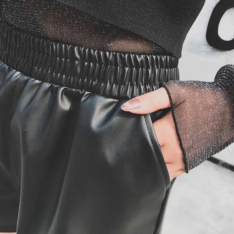 Women's Shorts™ Black PU Leather High Waist Wide Leg Faux Leather Shorts