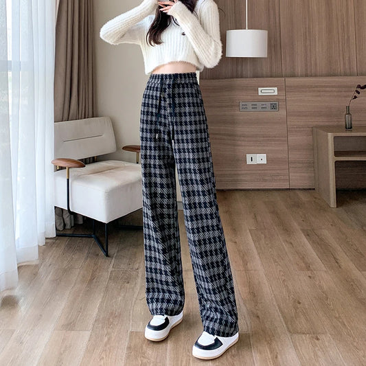 ITOOLIN Women's Plaid Tweed Pants™ Thicken Velvet Warm Wide Leg High Waist Pants