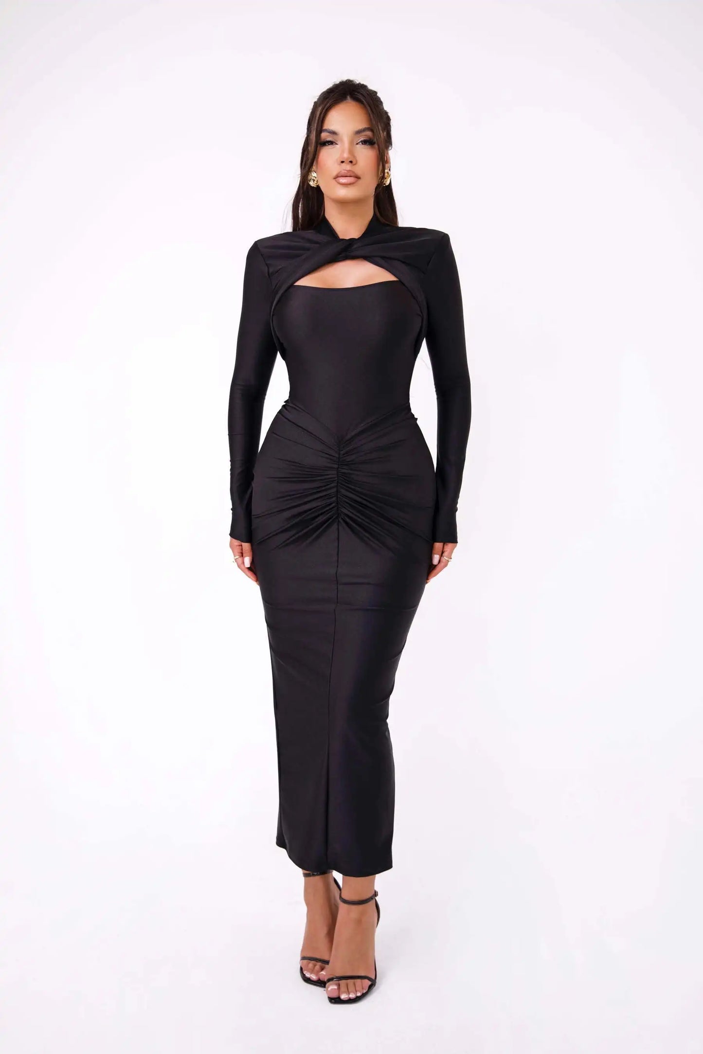 Women's Articat Tight Long Dress™ Elegant Long Sleeved Elastic Bodycon Pleated Hollowed Out Slim Dress