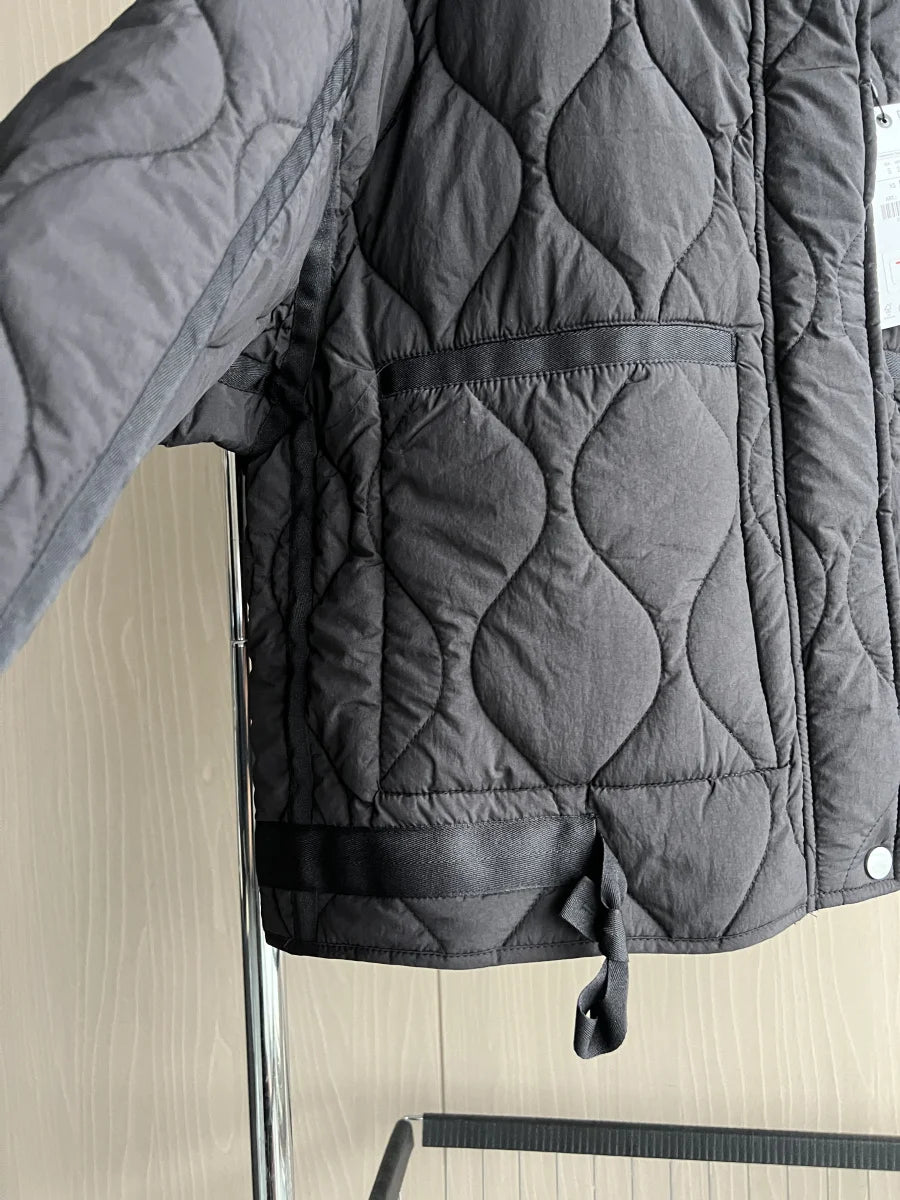 Women's Quilted Coat™ drawstring ties high neck pocket clip cotton jacket for women