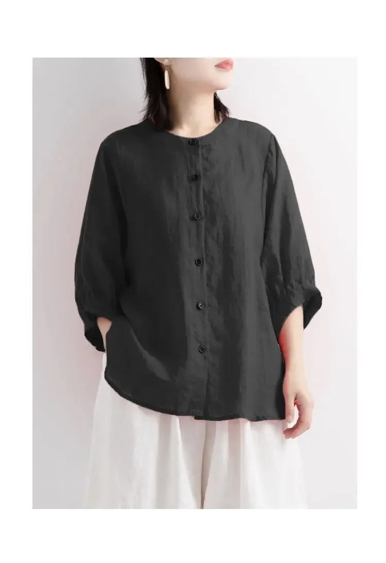 Women's Cotton Linen Shirts™ Loose Fit Round Neck Plus Lantern Sleeve Shirt