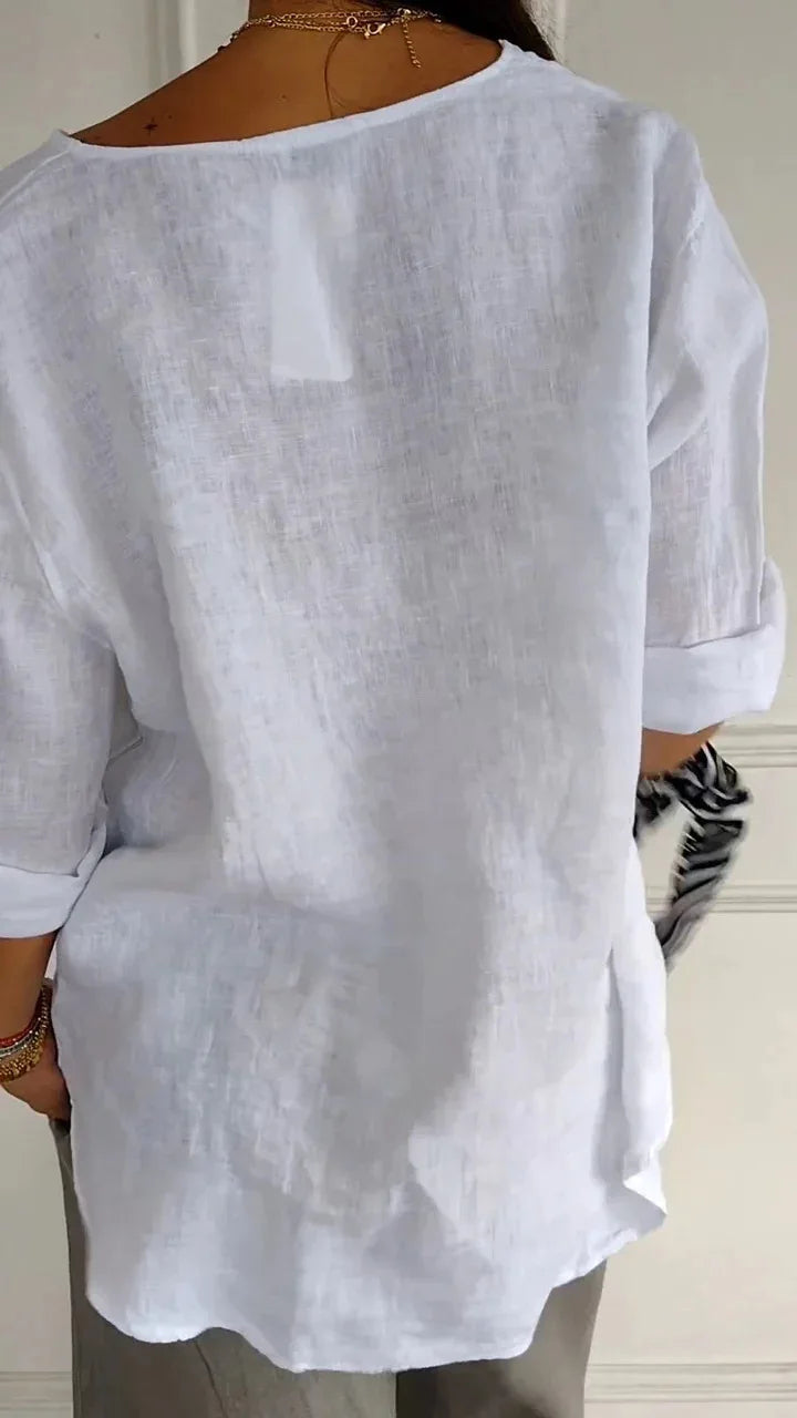 Women's Summer loose T-shirt™ V-neck cotton and linen button tops