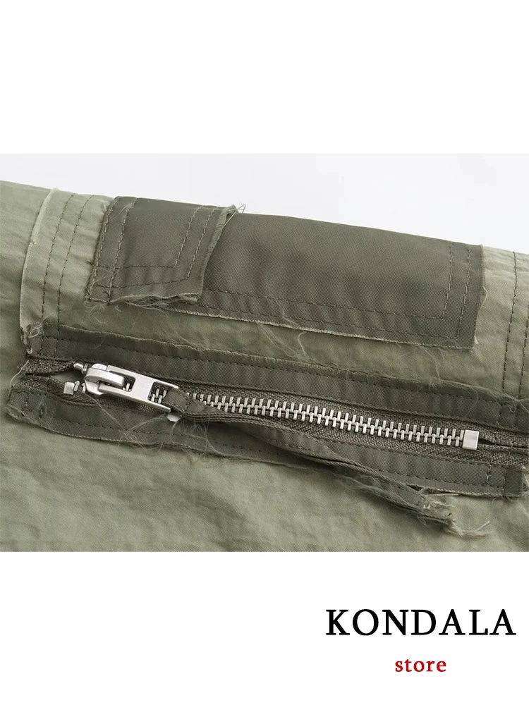 Women's Army green Bomber™ Jackets  KONDALA Patchwork Zipper Pockets Oversized Coats