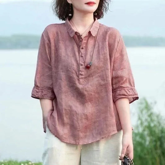 Women's Oversized Jacquard Lapel T-Shirt™ Vintage Slimming Short Sleeve Tops