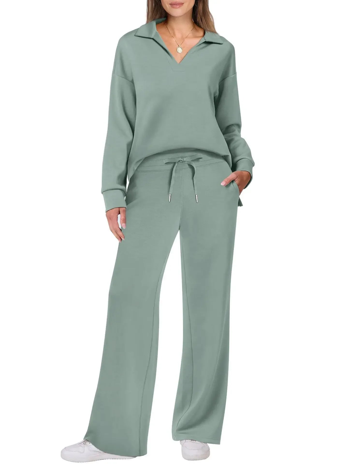 Women's 2 Piece Set™ Loose Long Sleeve V-Neck Top with Drawstring Elastic Waist Bell BottomsSet