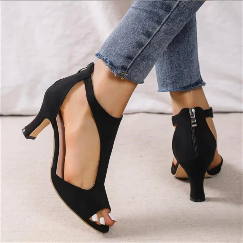 Women's Summer Sandals™  Rome Flock Mid Heel Zipper Open Toe Sandals