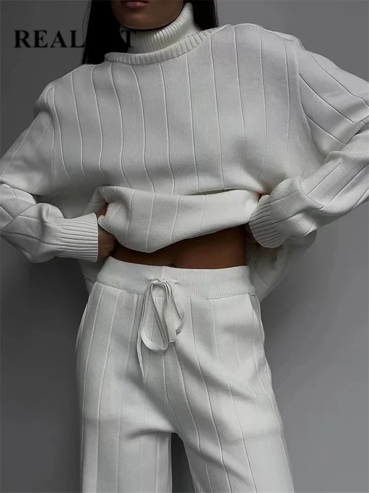 REALEFT Women's Knitted Tracksuit™ Turtleneck Sweater and Straight Jogging Pant Suits